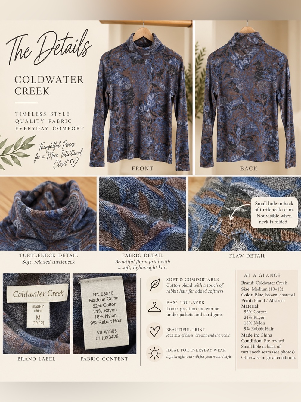 Coldwater Creek Floral Turtleneck – Women’s Medium - Picture 3 of 3